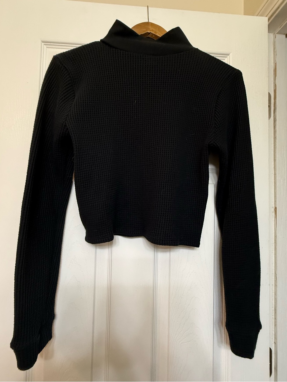 aerie Black Waffle-Knit Long Sleeve Mock Neck  crop Top
